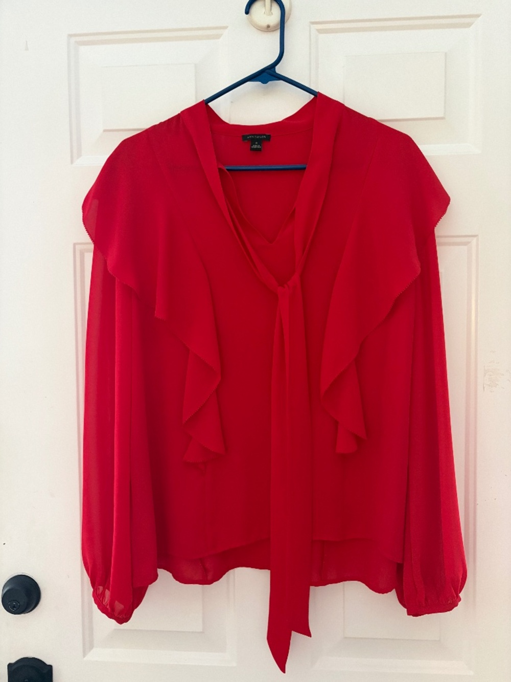 Ann Taylor Red Ruffle Tie Neck Blouse Size M
